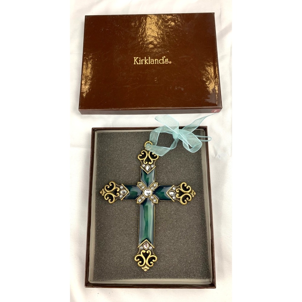 Kirkland's Jeweled Green Enamel‎ Cross Ornament with Box